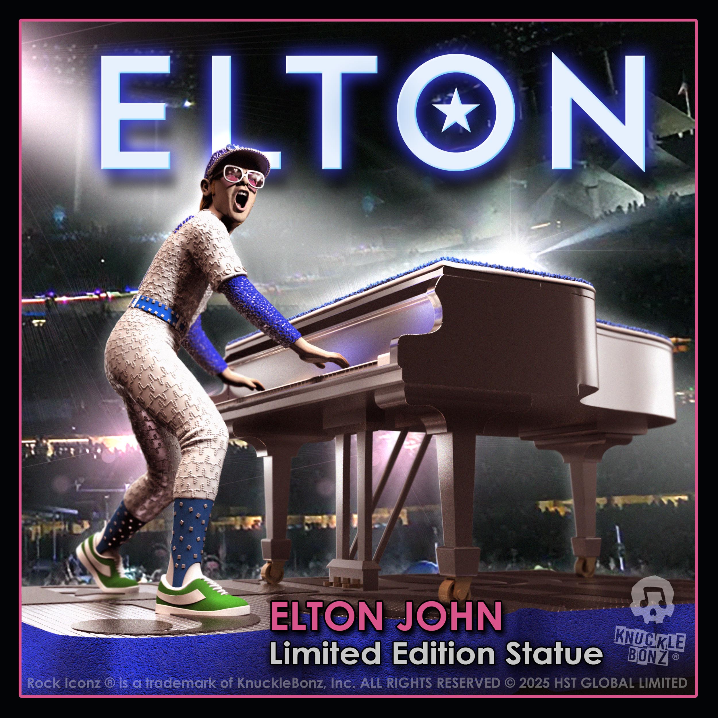 Statue of Elton John with a grand piano and stadium background, featuring the KnuckleBonz brand.